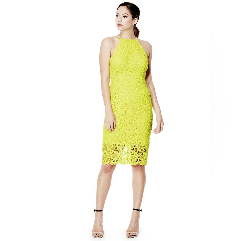 Guess Chartreuse Lace Sheath Racer Front Midi Dress Size 4